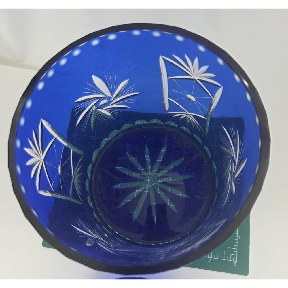 Bohemian Czech Cobalt Blue Cut to Clear Pinwheel Biscuit Cookie Jar Ice Bucket